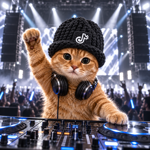 catwiftipped DJing on stage in a black knitted hat